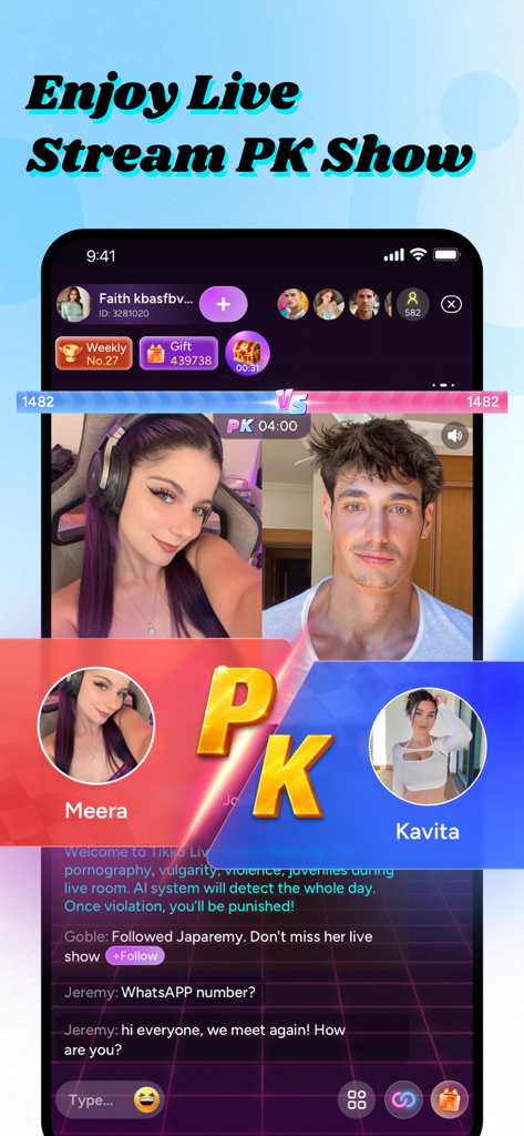 A live stream PK battle between two content creators on the Tikko Live app with real-time chat and gifting
