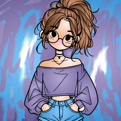 girl with a messy ponytail glasses a baggy crop top and jean shorts