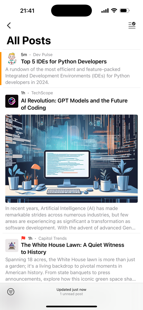 Interfaz de la aplicación RSS Mobile que muestra una lista de artículos de noticias curados en la sección Todos los artículos
