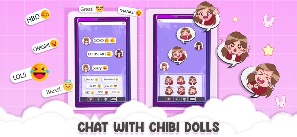 Anime Chibi Dolls Girl Games - Interfaz para chatear con personajes de muñecas chibi y usar pegatinas expresivas en un juego móvil.
