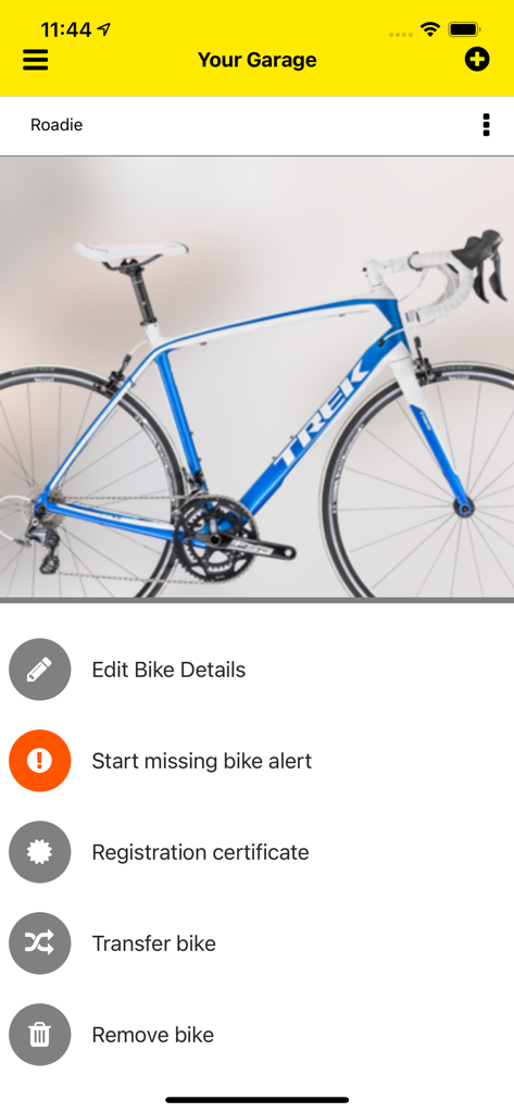 529 Garage - Screen of the 529 Garage app showing a registered Trek road bike with options to edit details or start a missing bike alert