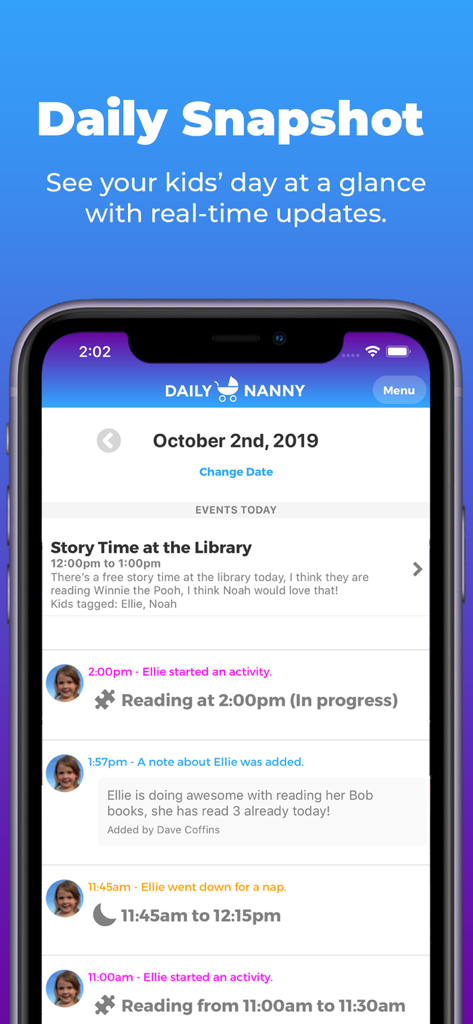 Daily Nanny - A smartphone screen showing the Daily Nanny app with a timeline of a childs activities including reading and nap times