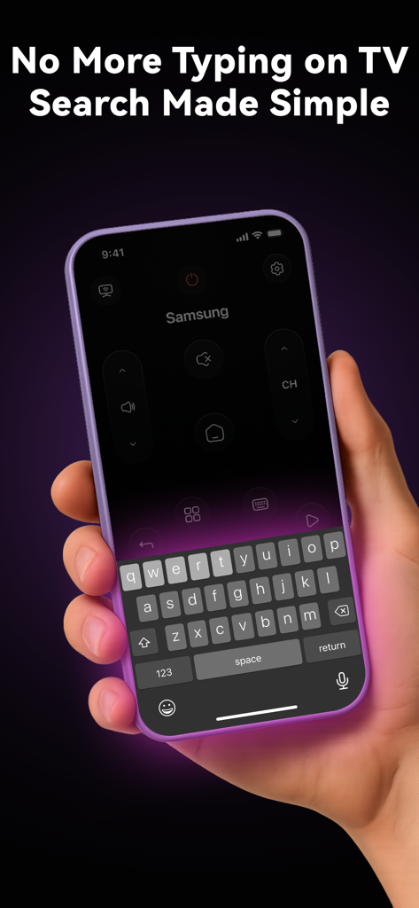 Universal TV Remote: Smart App - Pantalla del iPhone que muestra la interfaz del teclado de la aplicación Control Universal de TV para una búsqueda fácil.
