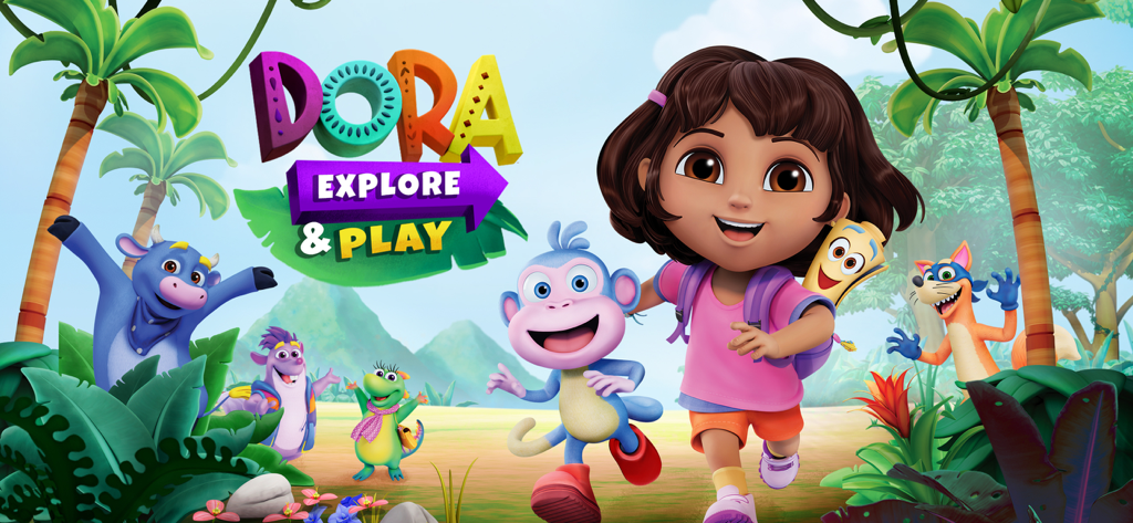 Dora and Boots running through a lush jungle with their friends in the Dora Explore and Play app