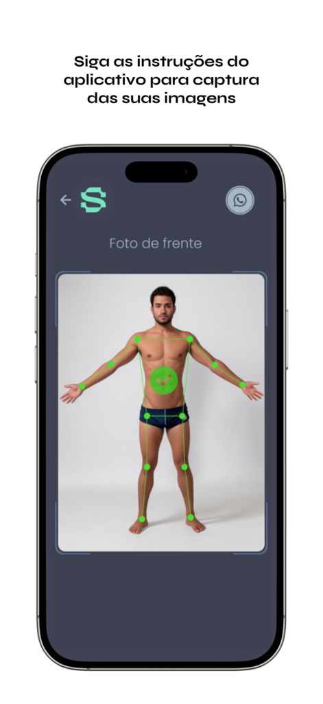 A smartphone screen showing a man in swimwear with an AI skeletal overlay for body composition tracking
