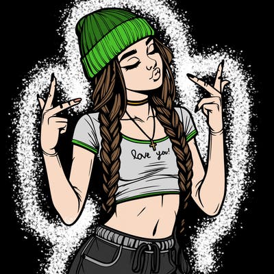 realistic teenage girl with braids and a beanie and crop top doing 🫶🏼