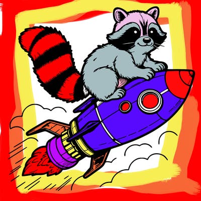 realistic raccoon flying on top rocket ship
