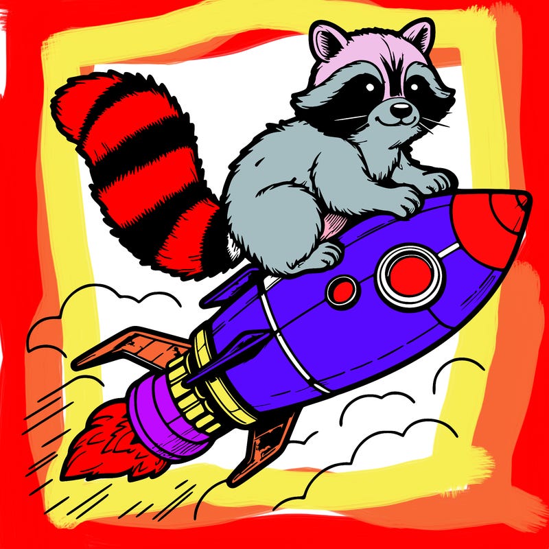 realistic raccoon flying on top rocket ship