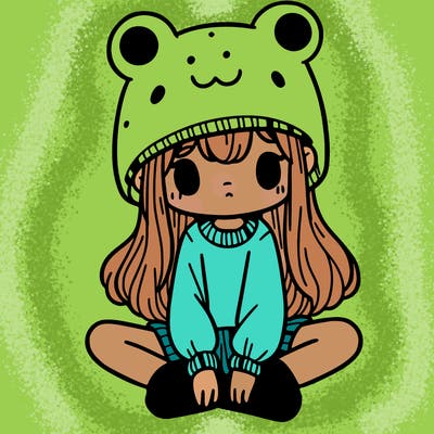 a girl wearing a frog hat and some frog socks