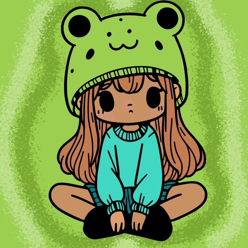 a girl wearing a frog hat and some frog socks