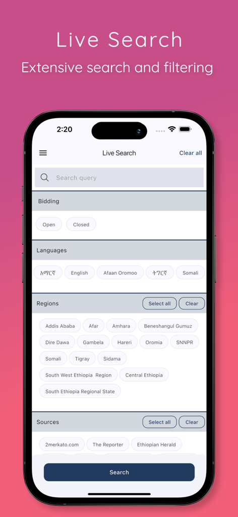 2merkato Tenders - Screenshot of the 2merkato Tenders app showing extensive search and filtering options for bidding, languages, regions, and sources.