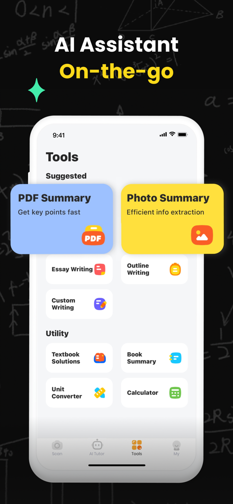 Uknow.AI: Homework&Math Solver - Uknow.AI app interface showing study assistant tools like PDF summary and essay writing