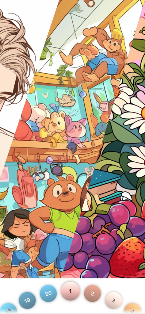 Fun Color - Color by Number - A collage showing different art categories like animals, flowers, and cartoons in the Fun Color by number app