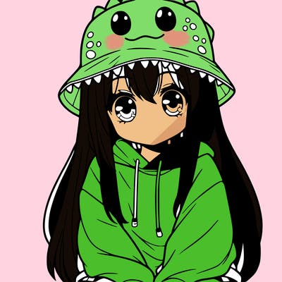 girl with anime shaped eyes with a dinosaur bucket hat oversized sweatshirt long straight hair