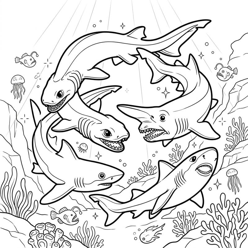 Immerse yourself in the mysterious beauty of the ocean with this unique deep-sea sharks coloring page. Designed specifically for seniors, it offers clear lines and captivating details for a relaxing creative escape.