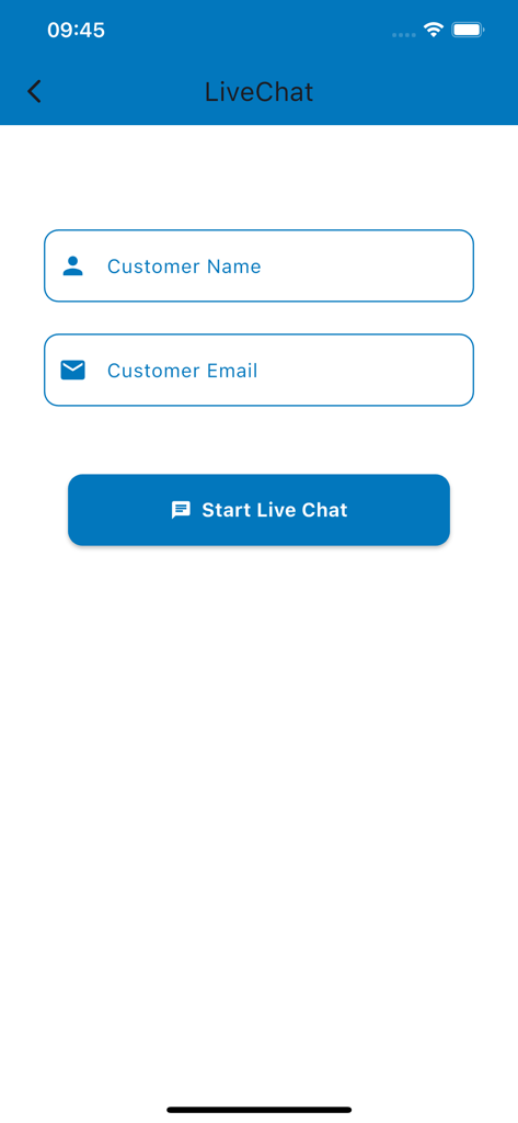 My Telone V3 app live chat support interface with customer name and email input fields