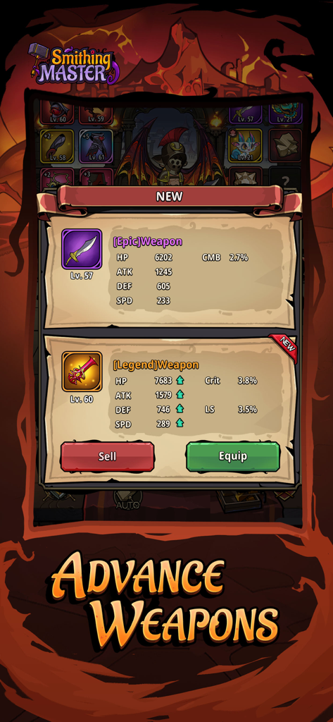 Smithing Master - Smithing Master Spieloberfläche, die epische und legendäre Waffen mit verbesserten Werten und einer Ausrüstungsoption vergleicht.