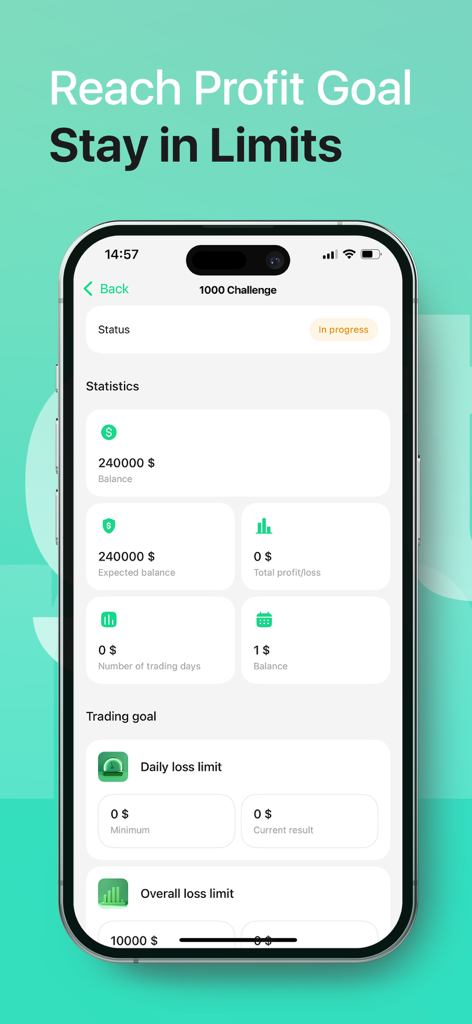 Tela do aplicativo TEFS mostrando um desafio de trading de cripto com estatísticas para metas de saldo e lucro