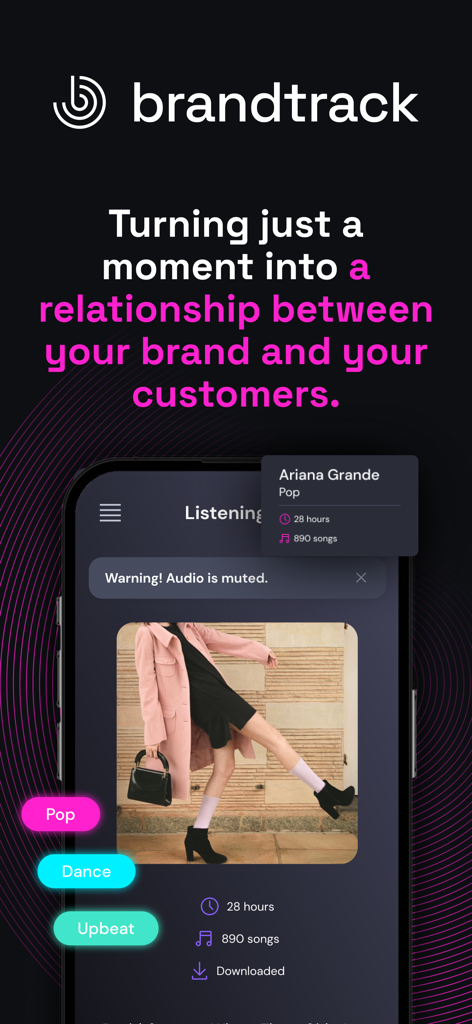 Brandtrack Player mobile app interface displaying curated playlists for retail and commercial environments.