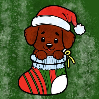 cute puppy wearing santa hat in socking