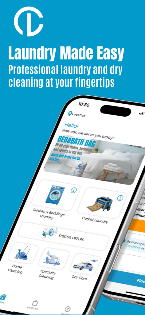CleanLine - CleanLine mobile app home screen showing laundry carpet cleaning and home maintenance services