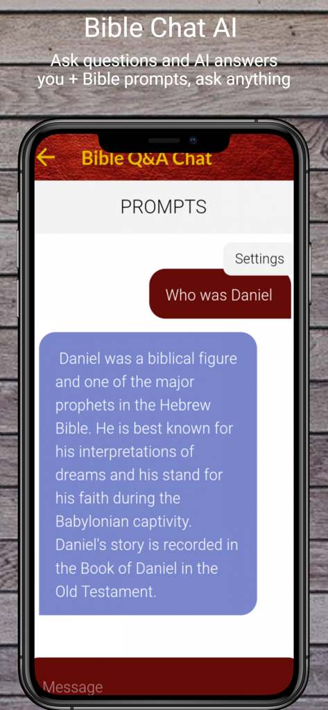 BBE Basic English Bible - Una pantalla de smartphone que muestra al Chat IA de la Biblia respondiendo una pregunta sobre el profeta Daniel.