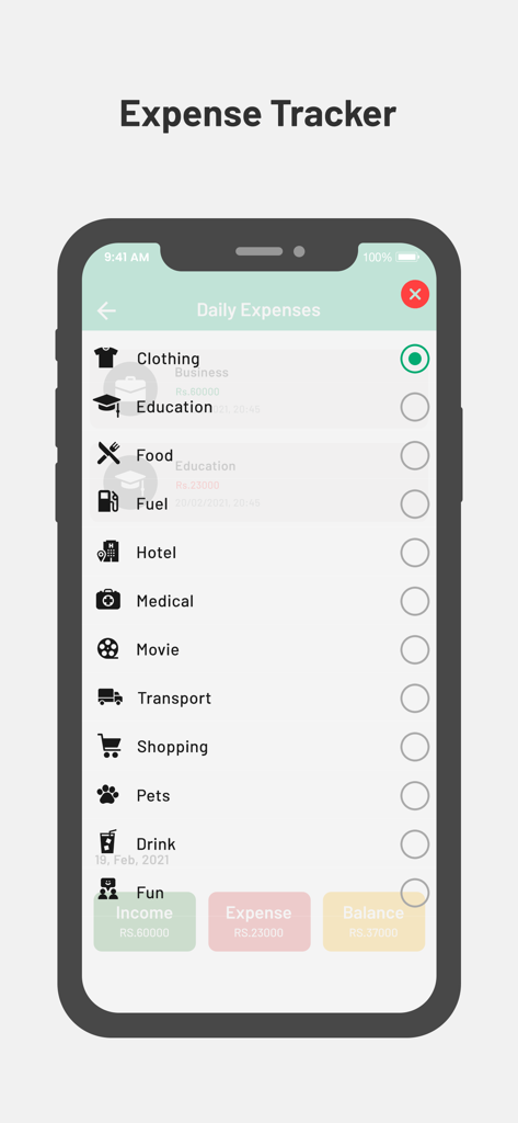 Budget Planner & Tracker - Pantalla de la aplicación Planificador de Presupuestos que muestra una lista de categorías de gastos diarios, incluyendo comida, combustible y transporte.