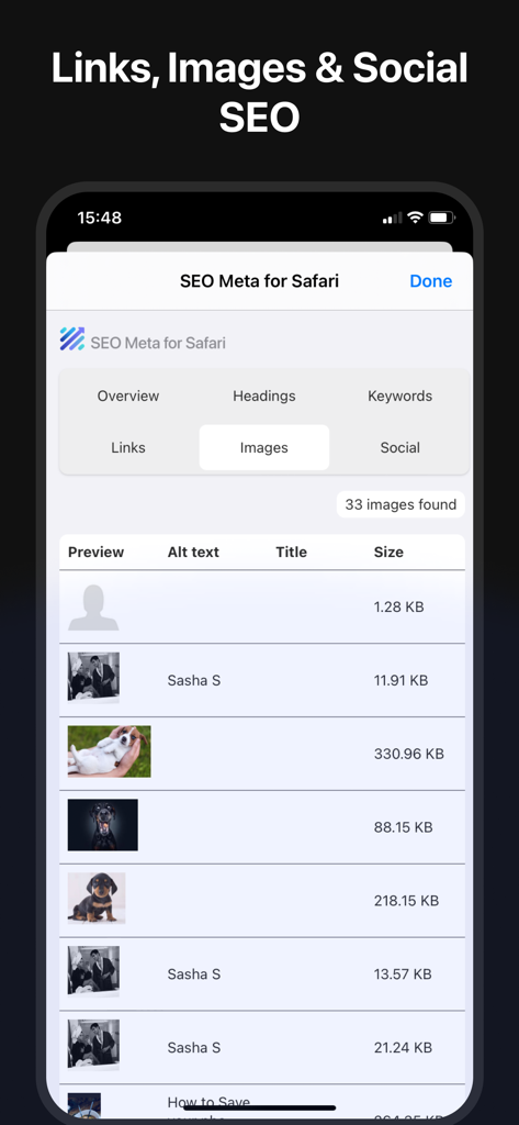 SEO Meta for Safari app showing a detailed list of website images with alt text and file size data on an iPhone