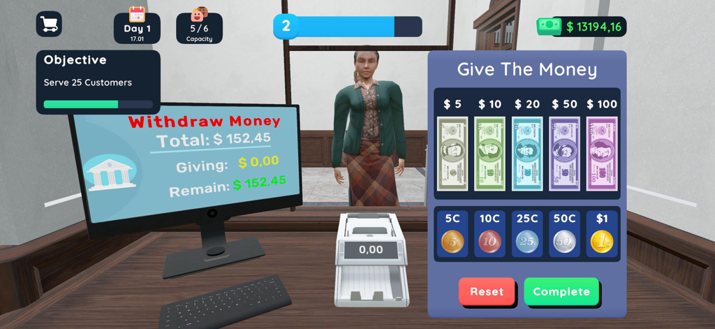 Visão de gameplay de um caixa de banco atendendo um cliente em Bank Manager Simulator 3D