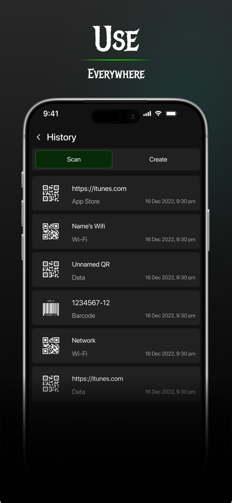 Registro de historial de la aplicación ScanMaster mostrando escaneos recientes de códigos QR y de barras