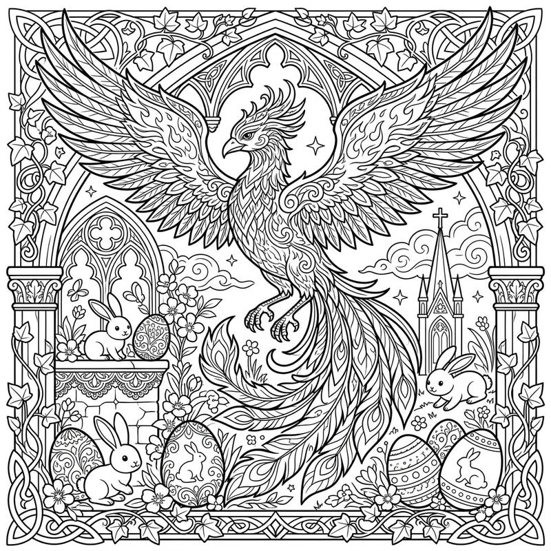 Discover a truly unique coloring experience with this intricate design blending the majestic phoenix with charming Easter elements. Immerse yourself in a mysterious Gothic setting adorned with detailed Victorian lace, ornate eggs, and playful bunnies.