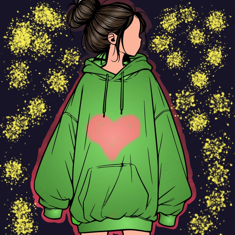 realistic girl with a oversized sweatshirt on and a bun