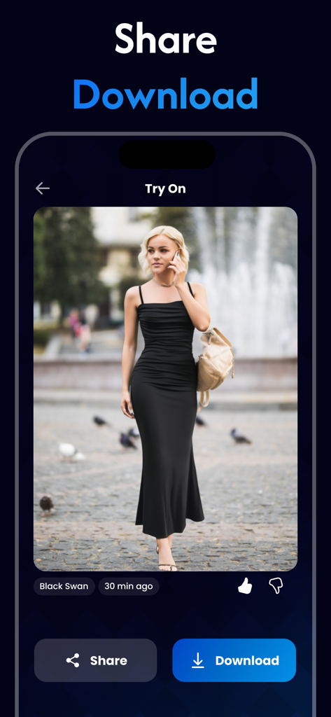 Interface of the Cloti AI Clothes Changer app showing options to share and download a virtual try on photo of a woman in a black dress