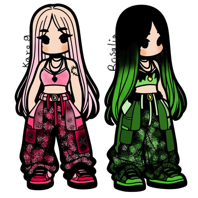 girl in baggy pants crop top and long hair