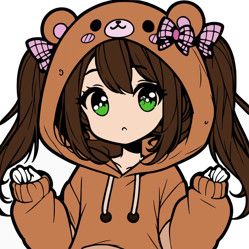 cute anime girl with ponytails and a cute bear hoodie
