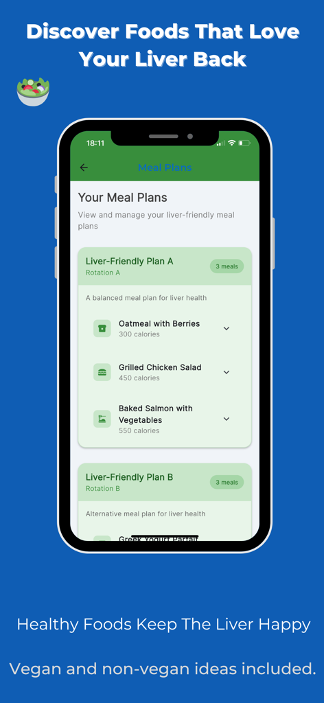 LiverAlertMe: Fatty Liver Care - Smartphone screen displaying liver-friendly meal plans including oatmeal, grilled chicken salad, and baked salmon.