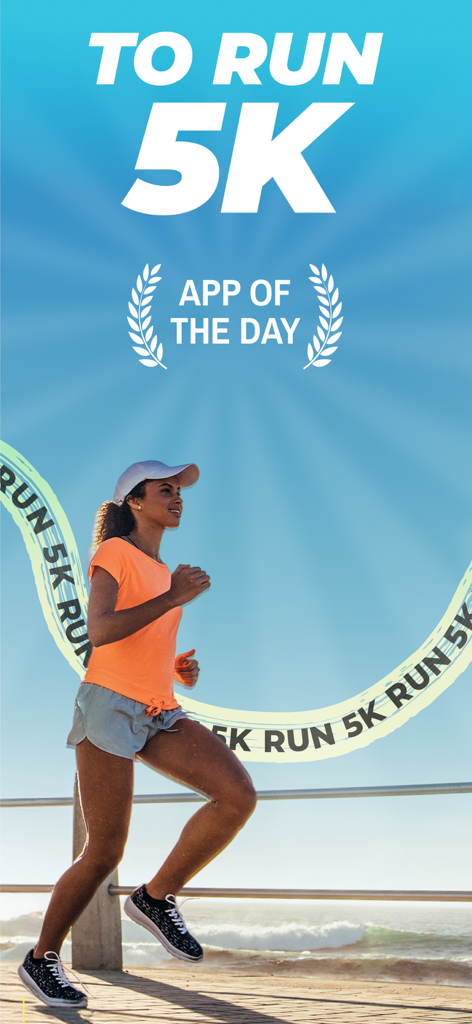 A woman running outdoors with text saying To Run 5K and App of the Day badge