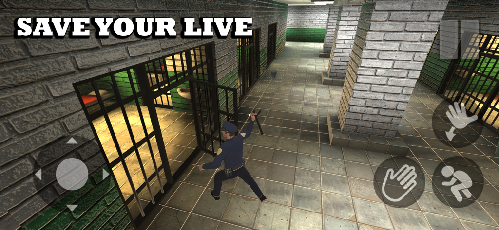 Escape from Prison Hide Seek - A prison guard patrolling a hallway near open jail cells in the Escape from Prison Hide Seek game