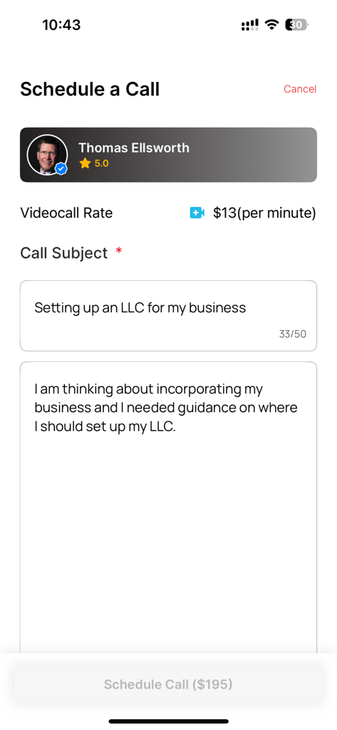 Interface for scheduling a paid video call with a business expert to discuss LLC formation on the Minnect app.