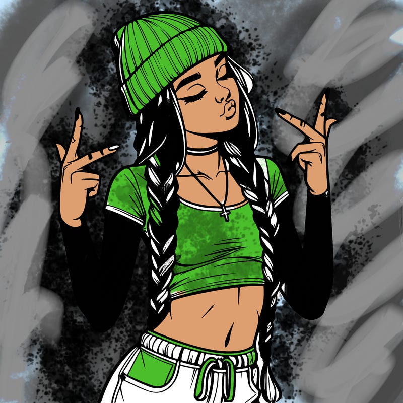 realistic teenage girl with braids and a beanie and crop top doing 🫶🏼