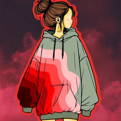 realistic girl with a oversized sweatshirt on and a bun
