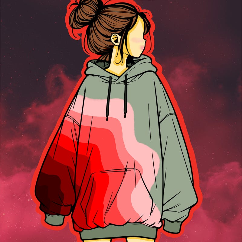 realistic girl with a oversized sweatshirt on and a bun
