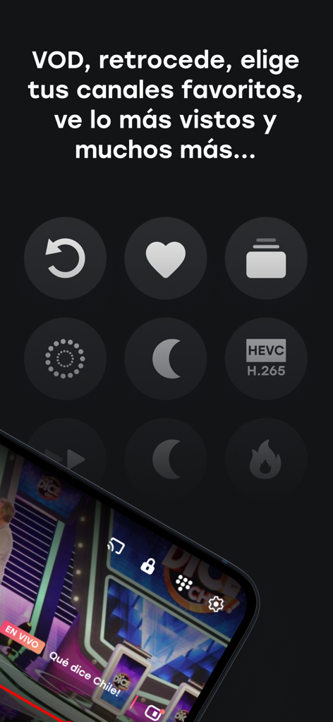 Interface de l'application Zapping présentant les fonctions de rembobinage VOD et de chaînes favorites sur un appareil mobile