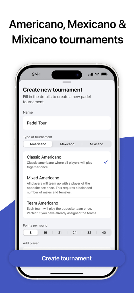 Interface do aplicativo móvel mostrando opções para criar um novo torneio de padel com formatos Americano, Mexicano e Mixicano.