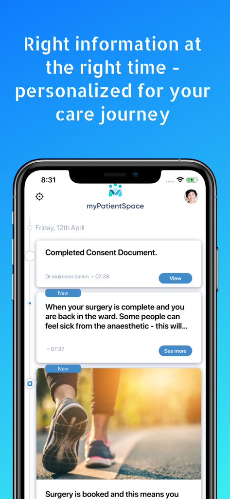 A smartphone displaying the myPatientSpace app with a personalized care journey timeline including surgery updates and medical documents
