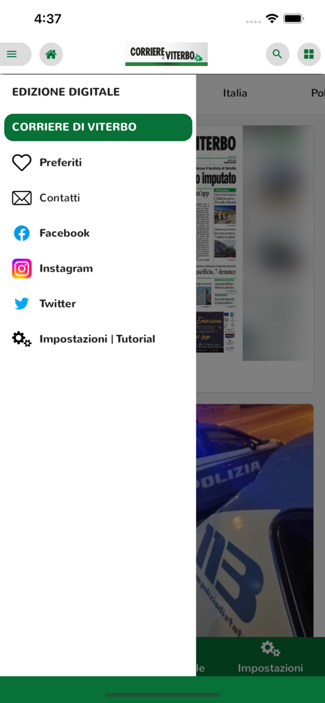 Corriere di Viterbo - Navigation side menu of the Corriere di Viterbo app showing options for favorites, contacts, and social media links