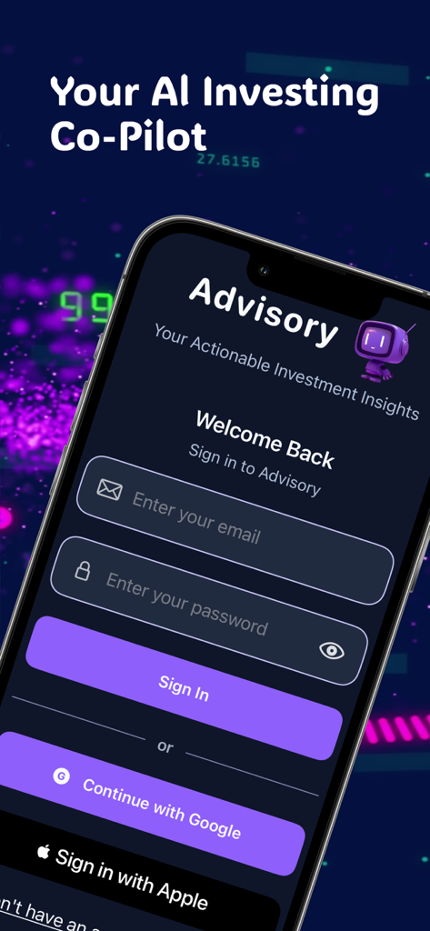 Sign in screen for Advisory AI investing app featuring email and social login options