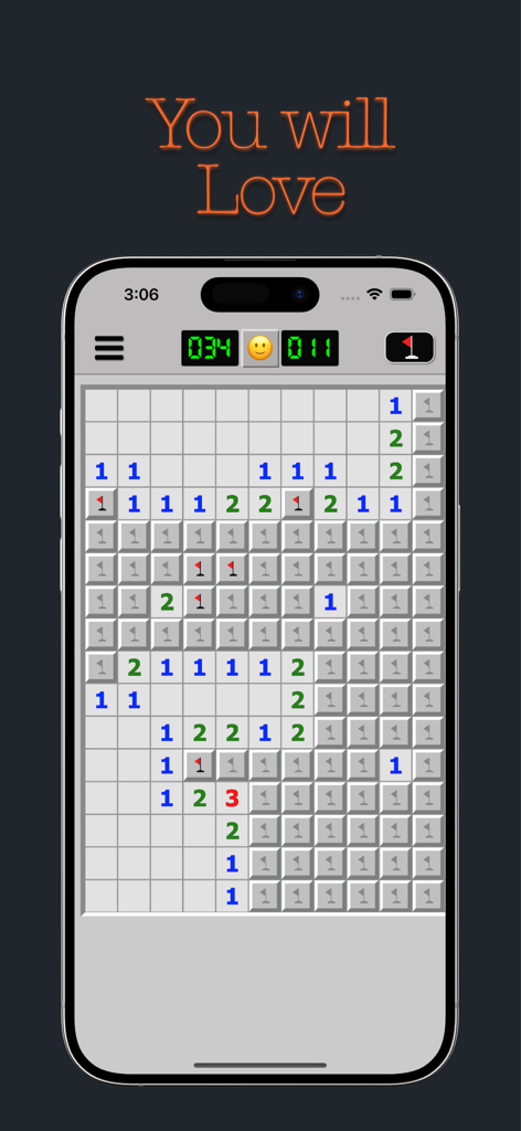 ■ Minesweeper - A classic Minesweeper game grid with numbers and flags displayed on a mobile phone screen.