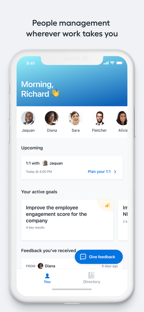 Personalized dashboard on the Lattice mobile app showing team members, upcoming 1:1 meetings, and active professional goals.