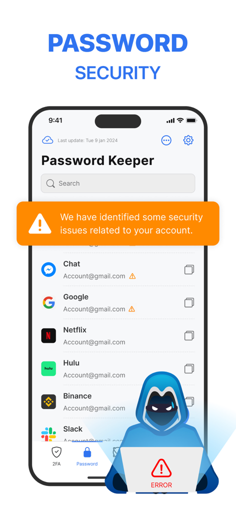 A mobile screen showing a password security alert and a list of accounts with potential leaks.